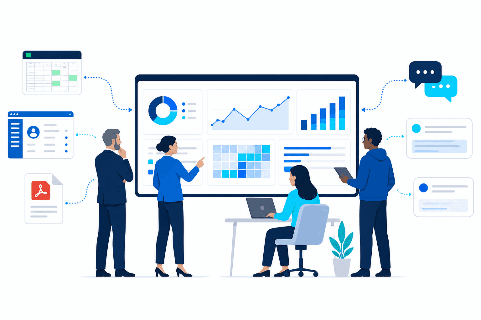 Illustration d'une équipe réunissant feuilles de calcul, documents et conversations clients dans un seul tableau de bord Intelligence Navigator