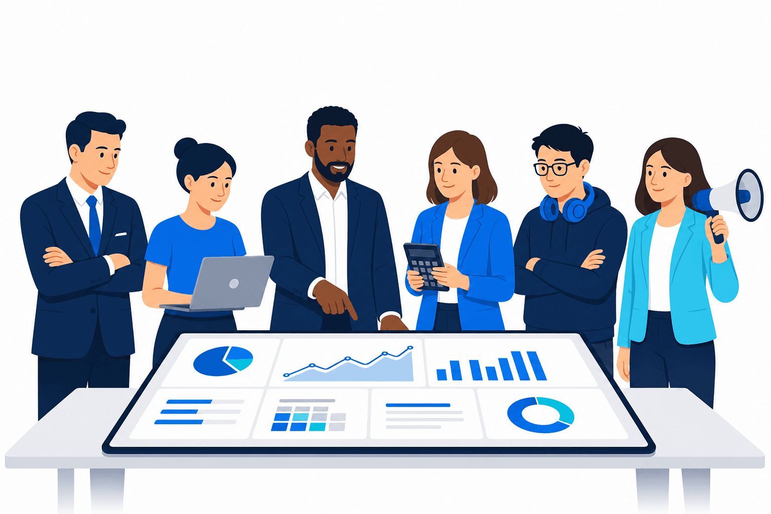 Ilustração de seis papéis de uma organização — proprietários, fundadores, executivos, operações, equipes técnicas e não técnicas — compartilhando o mesmo dashboard