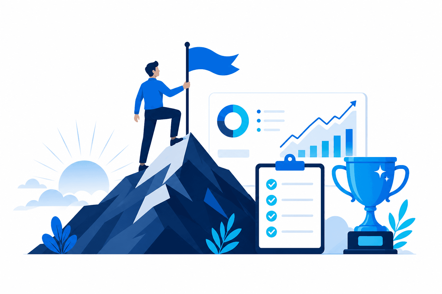 Ilustración de un recorrido de aprendizaje completado con una bandera en la cima, una lista de verificación y un trofeo