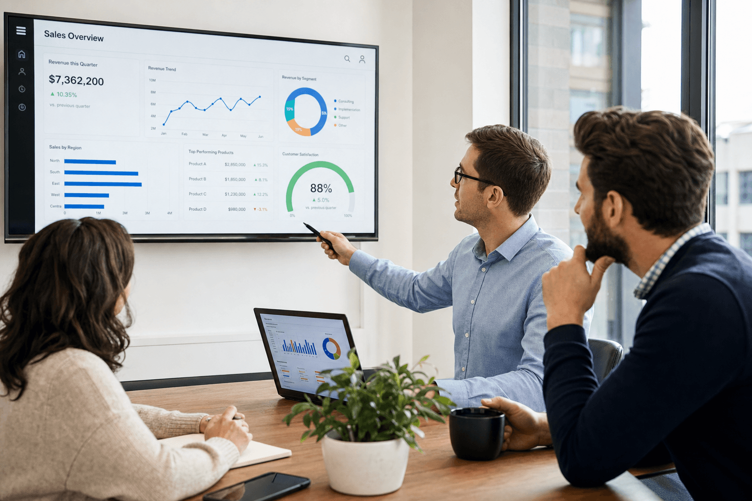 A consulting team reviewing analytics dashboards together in a meeting room