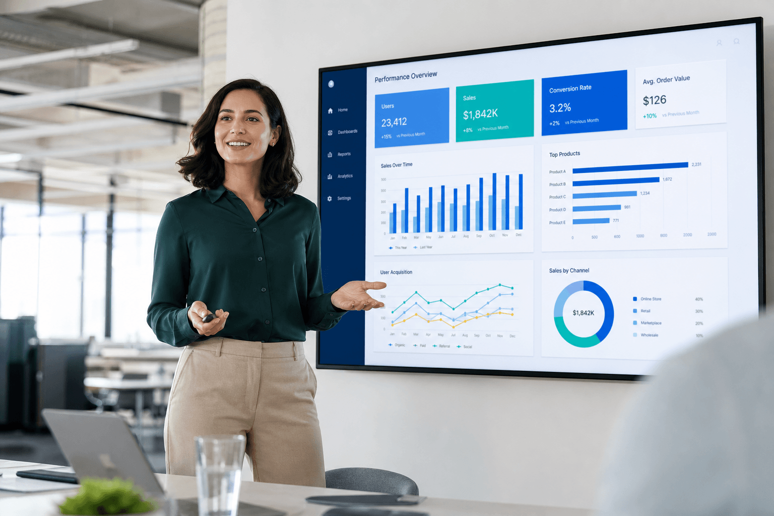A business leader presenting Intelligence Navigator business intelligence dashboards on a large screen
